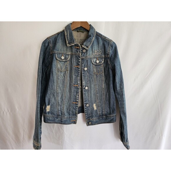 Hollister Jacket Embroidered Denim Distressed Jean Size Large - Picture 1 of 8